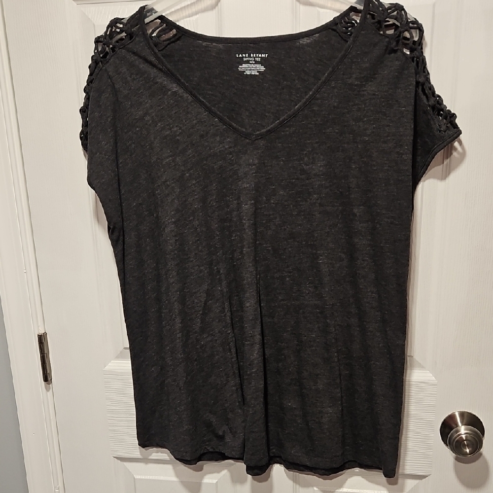 Lane Bryant Charcoal V-Neck Top with Shoulder Details